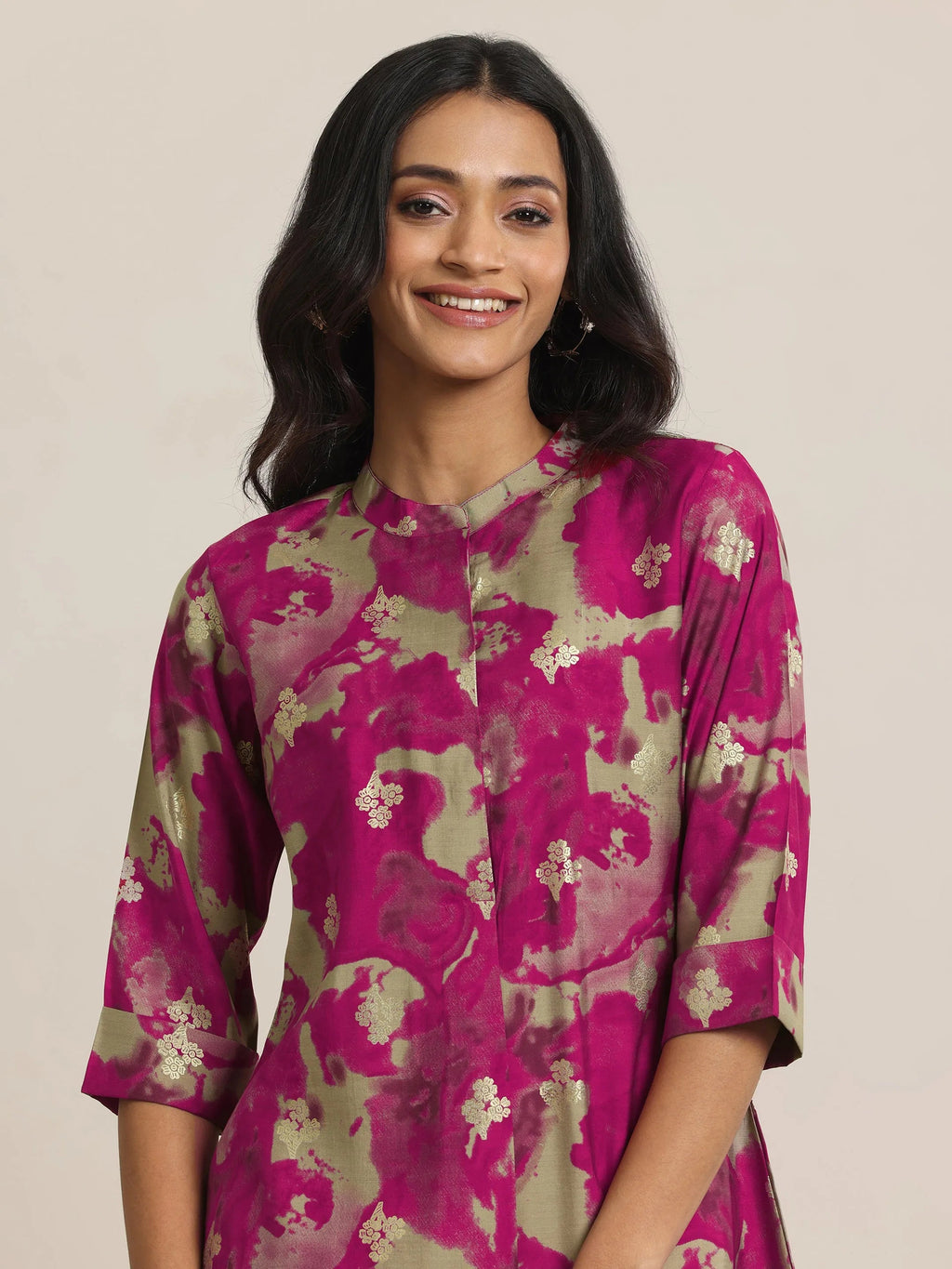 Libas Pink Printed Silk Blend Straight Short Kurti