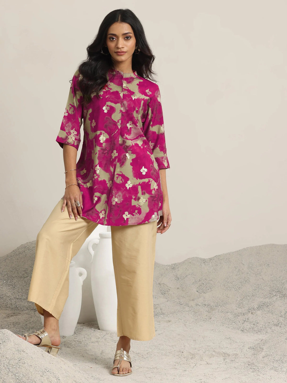 Libas Pink Printed Silk Blend Straight Short Kurti