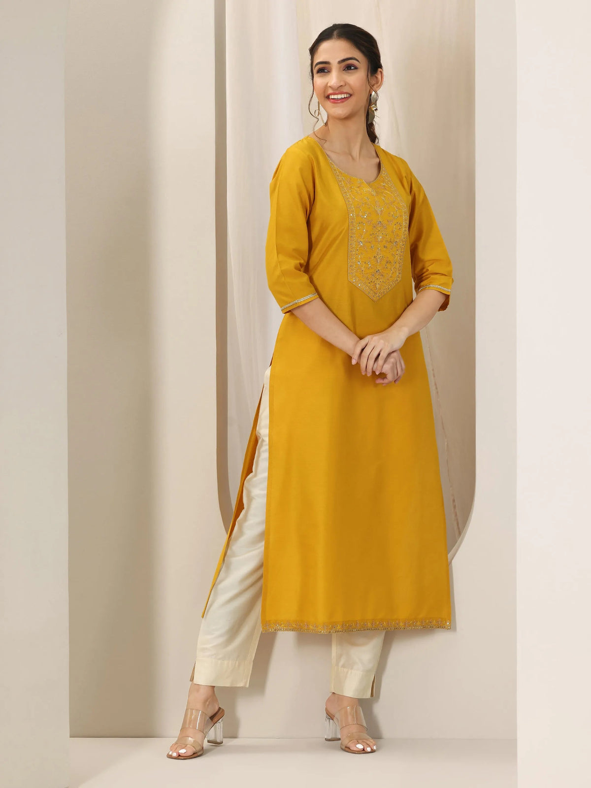 Libas Mustard Yoke Design Silk Straight Kurta