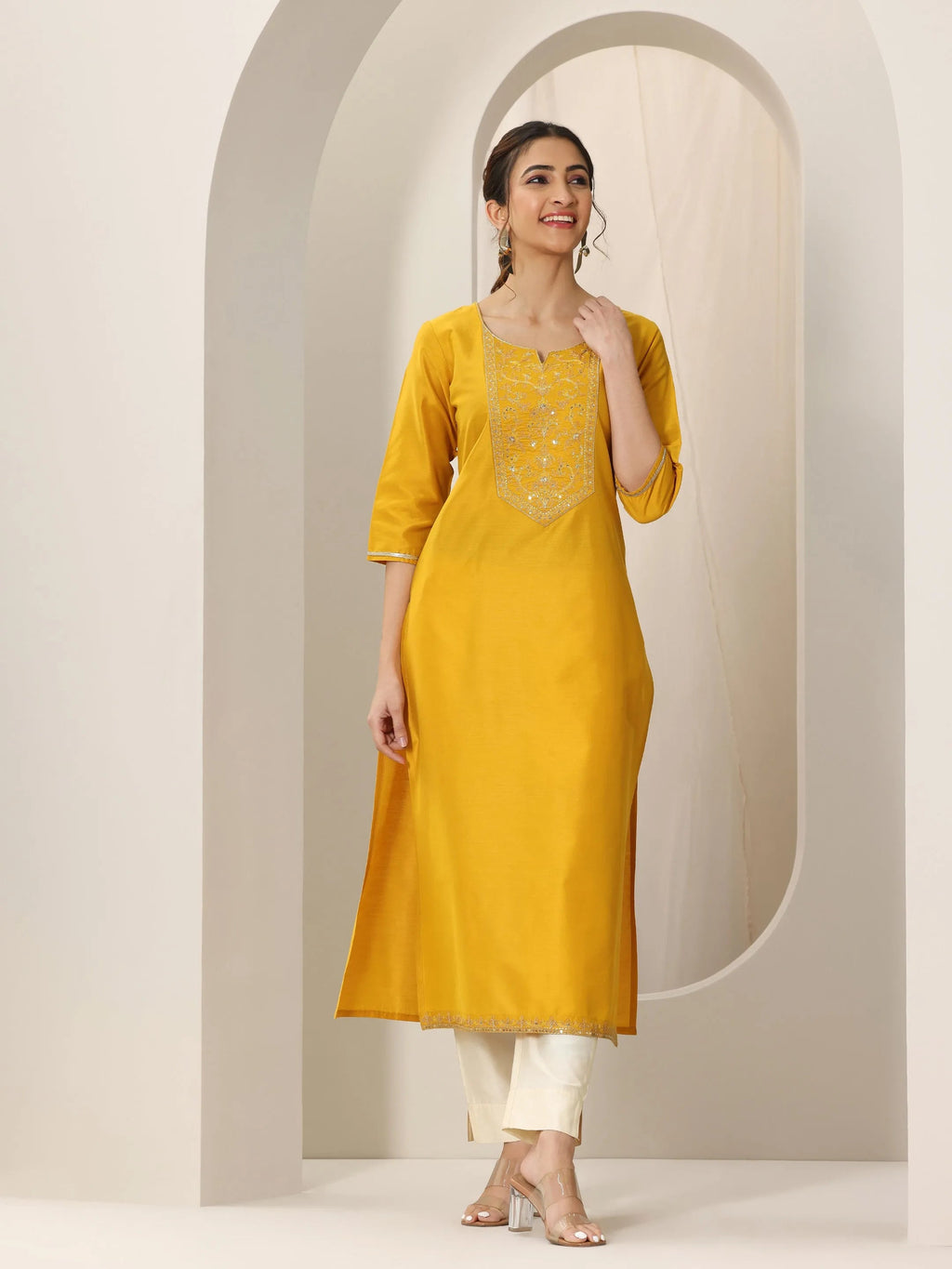 Libas Mustard Yoke Design Silk Straight Kurta