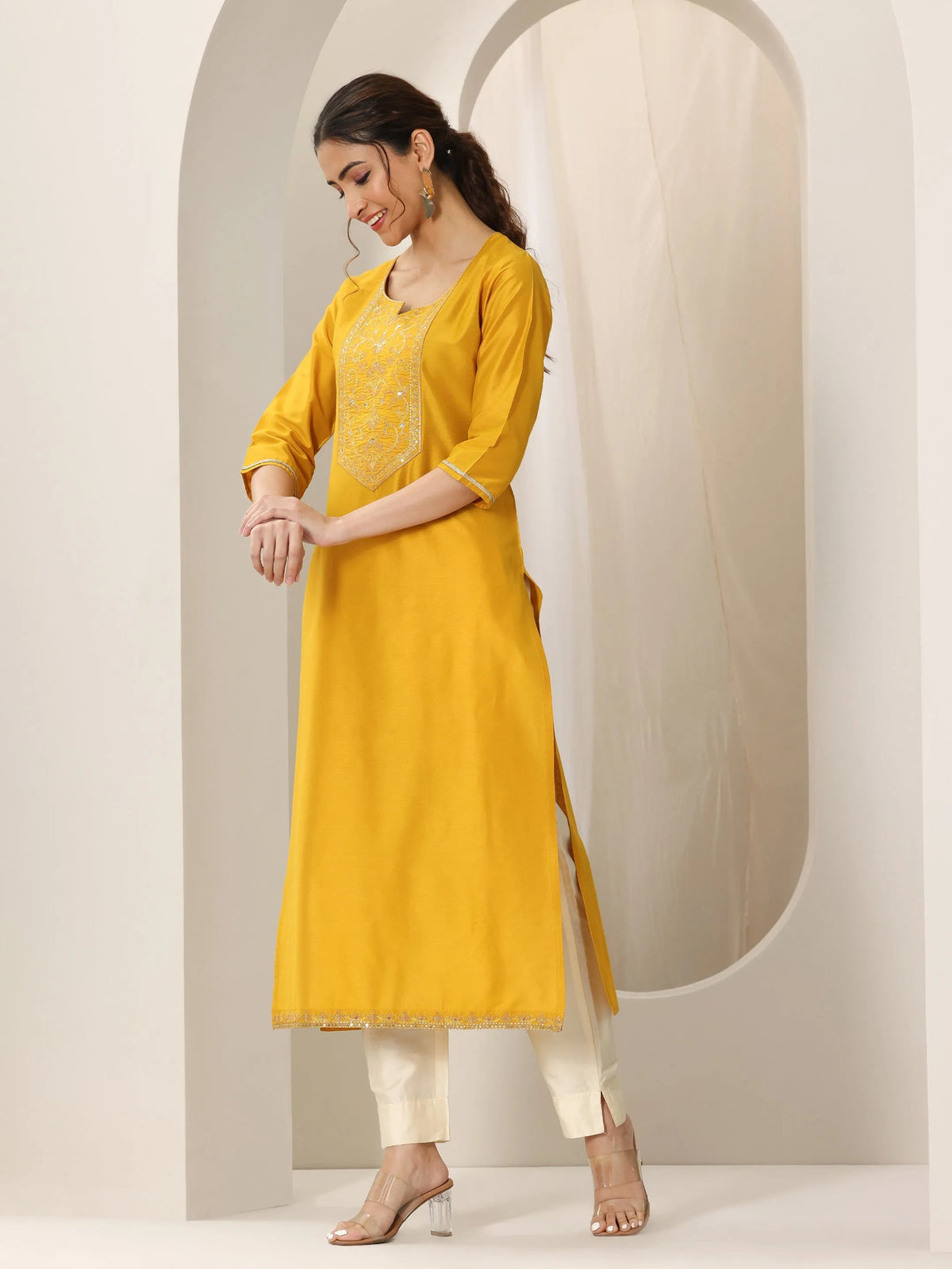 Libas Mustard Yoke Design Silk Straight Kurta