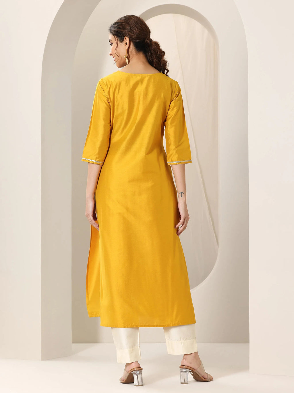 Libas Mustard Yoke Design Silk Straight Kurta