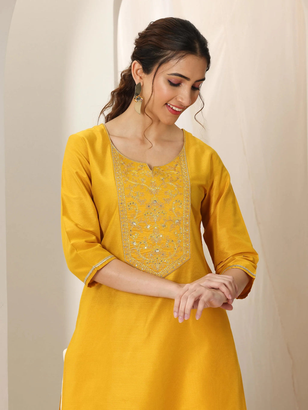 Libas Mustard Yoke Design Silk Straight Kurta
