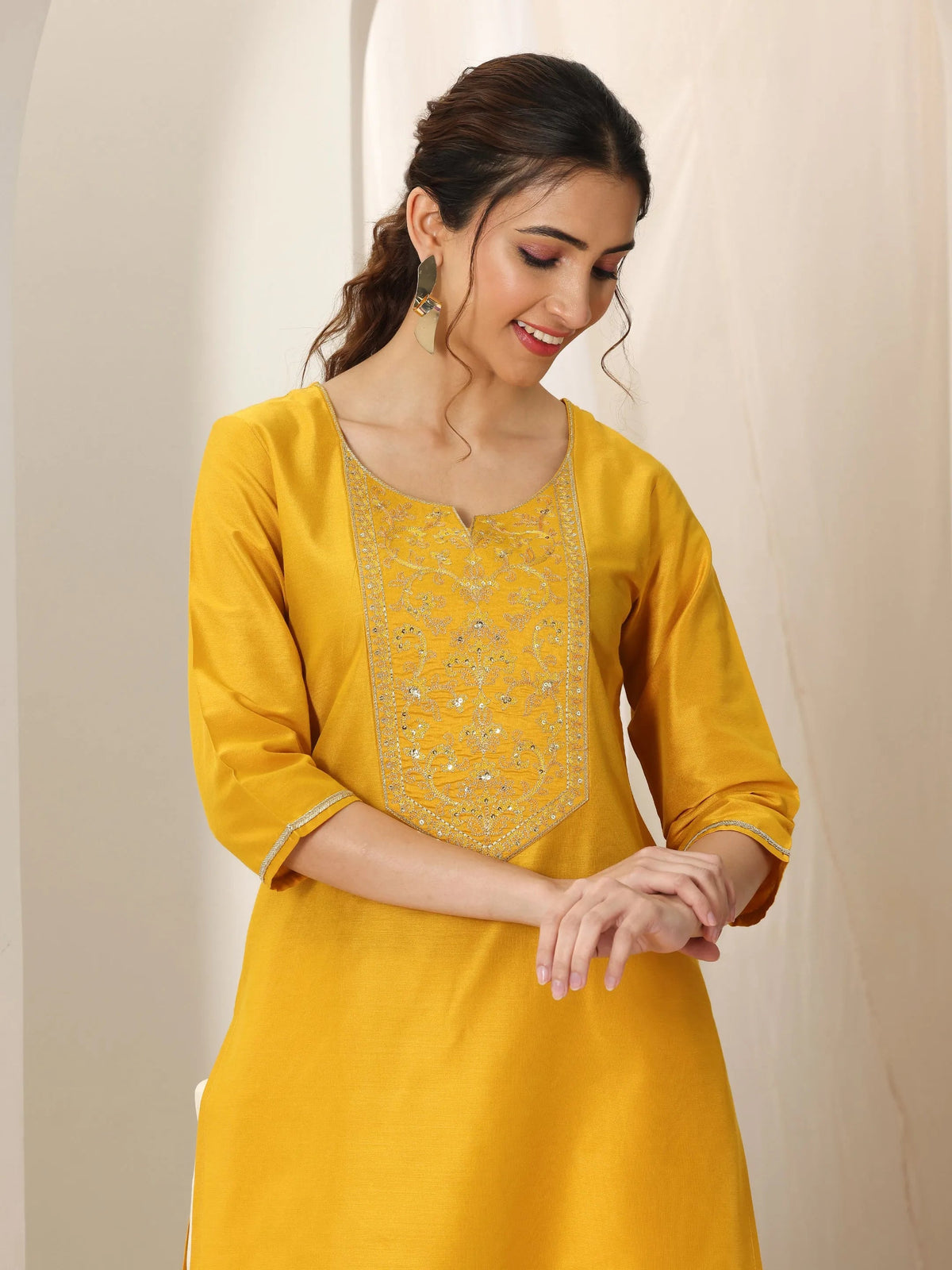 Libas Mustard Yoke Design Silk Straight Kurta