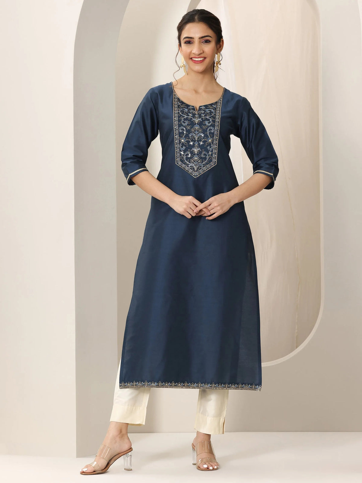 Libas Navy Blue Yoke Design Silk Straight Kurta