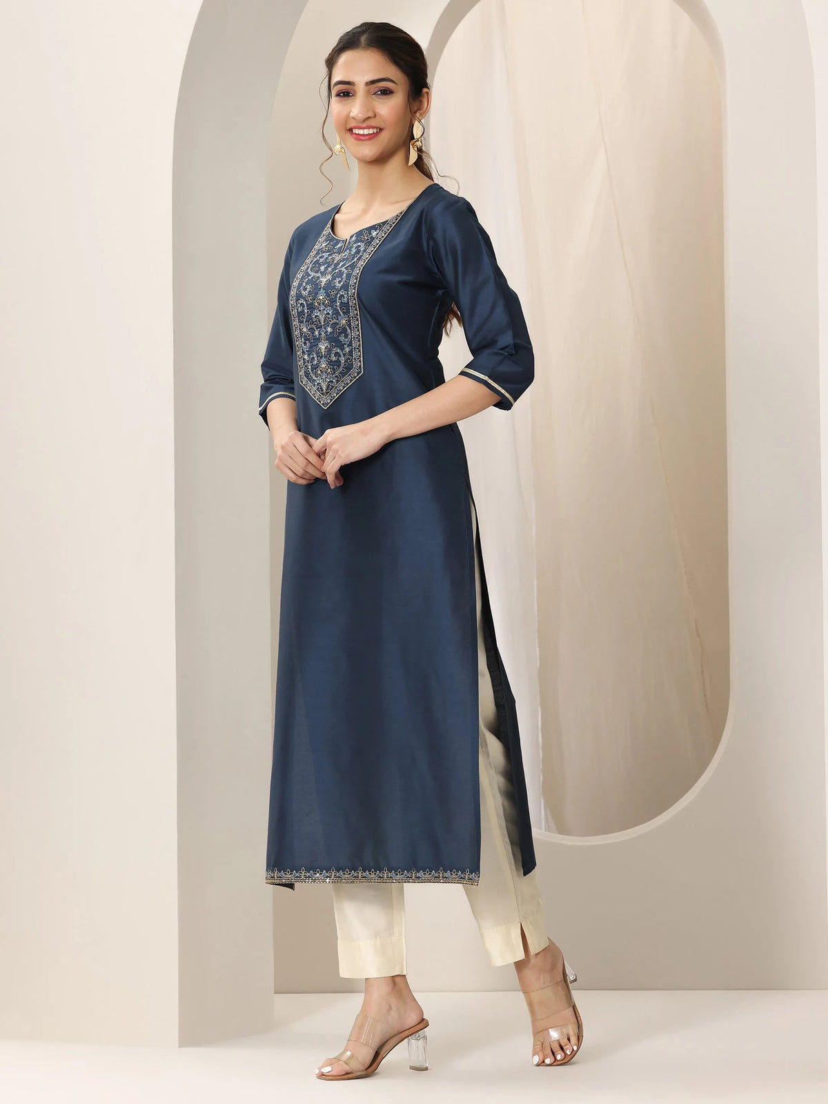 Libas Navy Blue Yoke Design Silk Straight Kurta