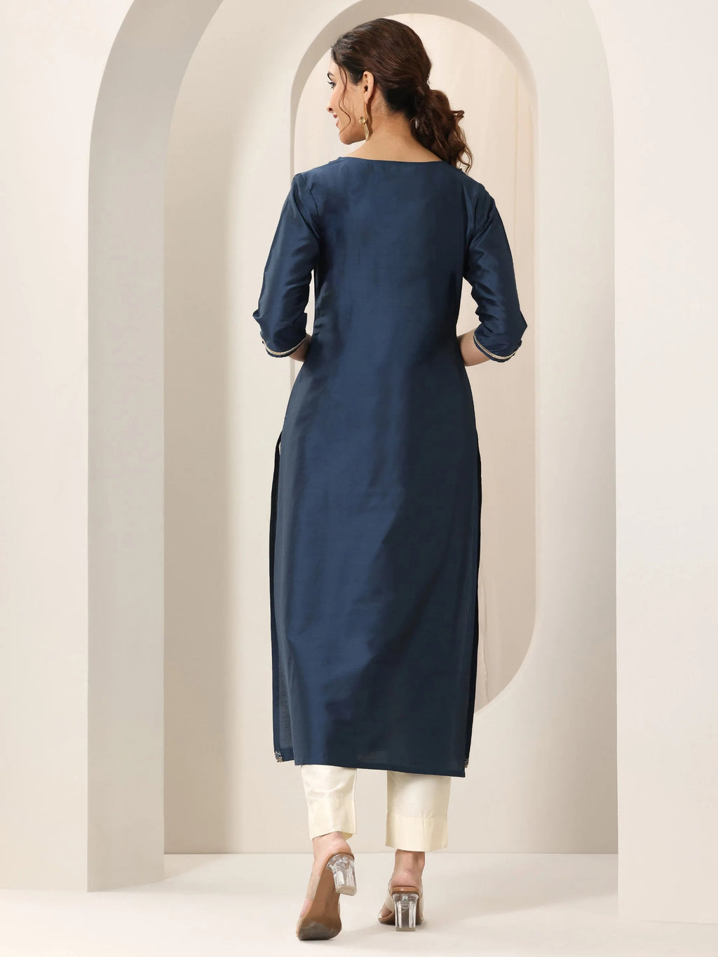 Libas Navy Blue Yoke Design Silk Straight Kurta