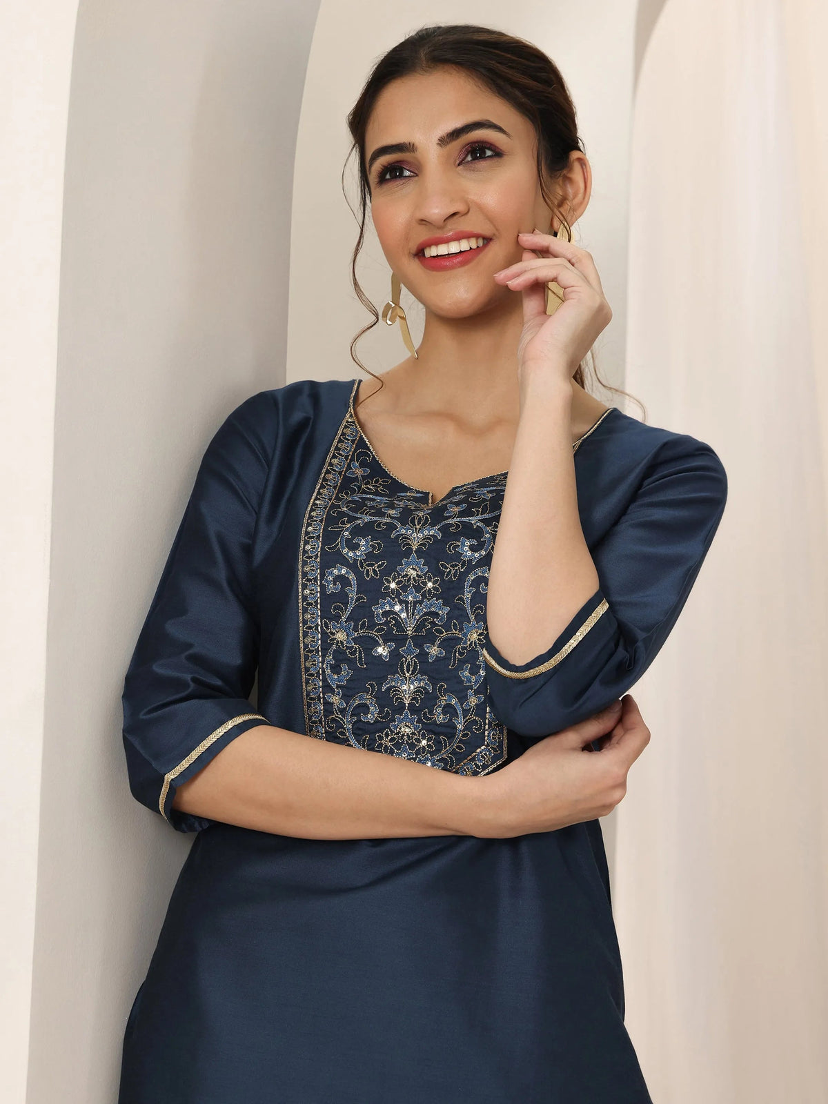 Libas Navy Blue Yoke Design Silk Straight Kurta