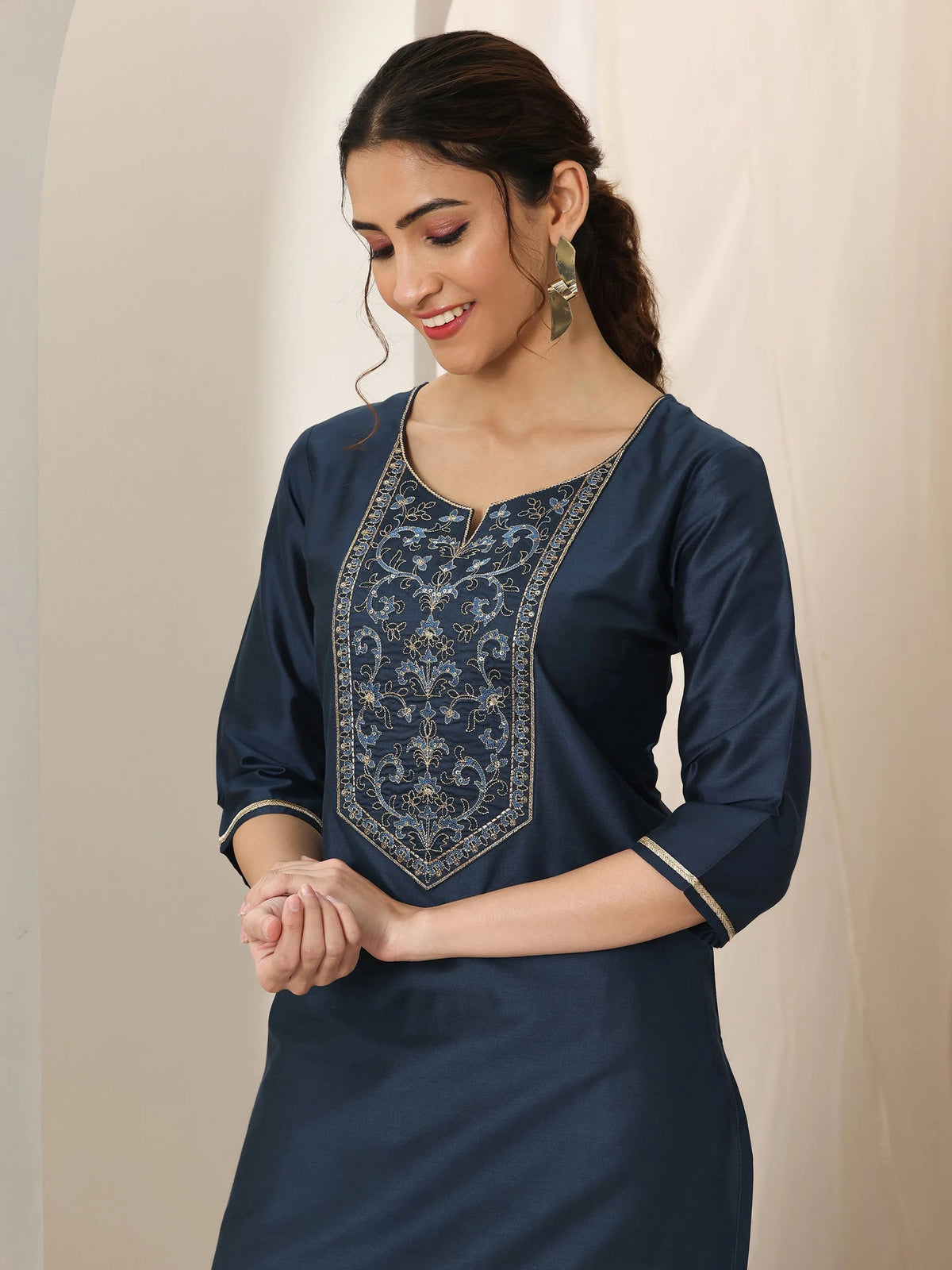 Libas Navy Blue Yoke Design Silk Straight Kurta