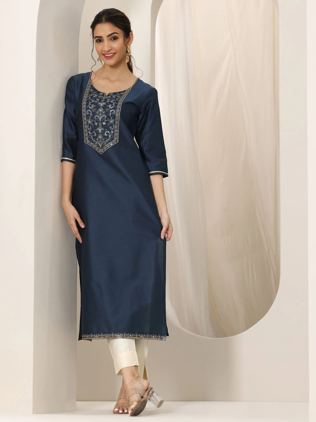 Libas Navy Blue Yoke Design Silk Straight Kurta
