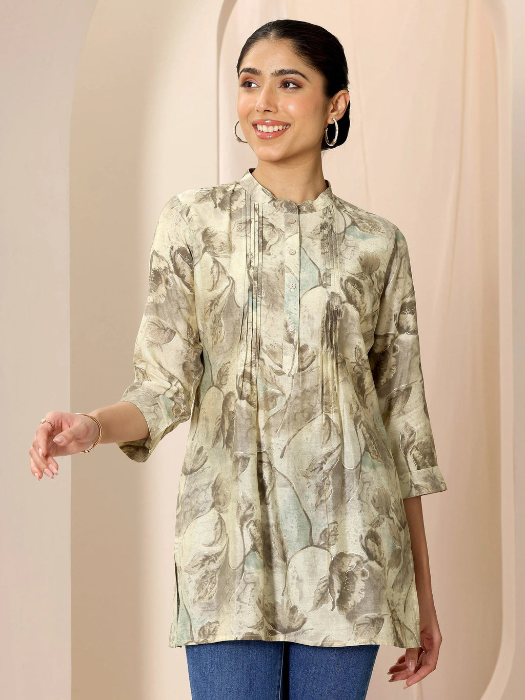 Libas Beige Printed Silk Blend Straight Short Kurti