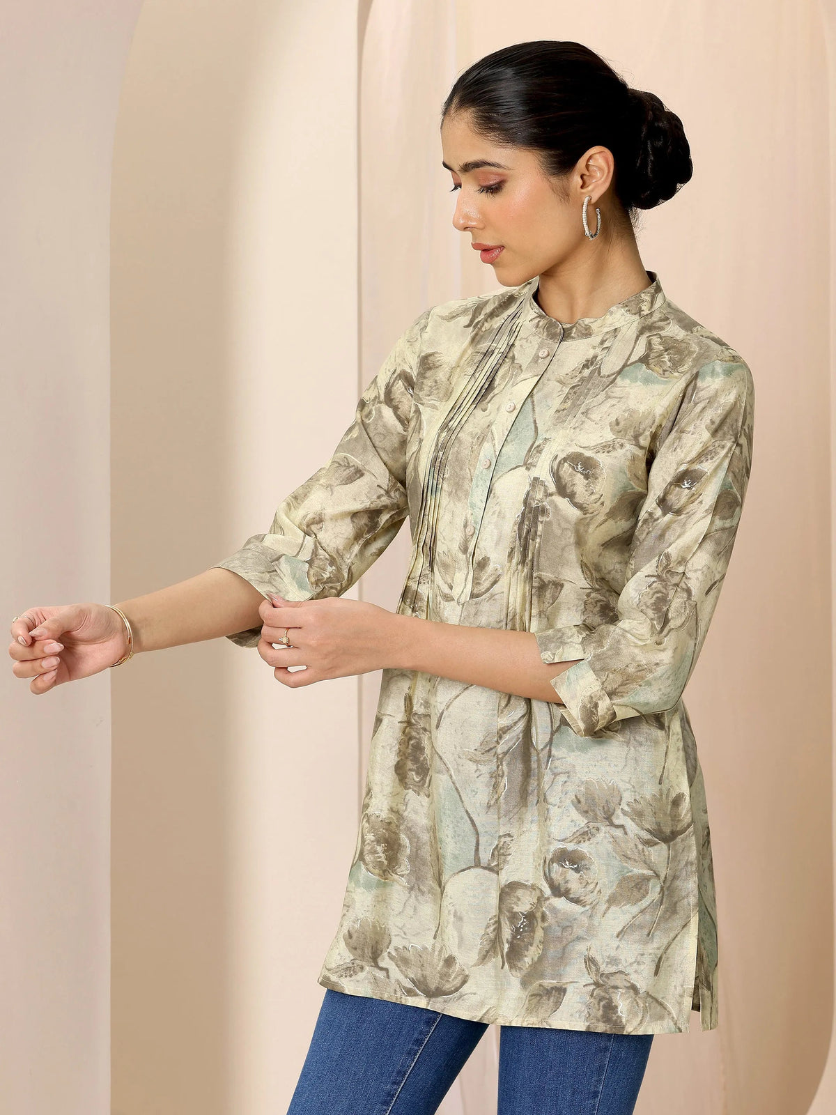 Libas Beige Printed Silk Blend Straight Short Kurti