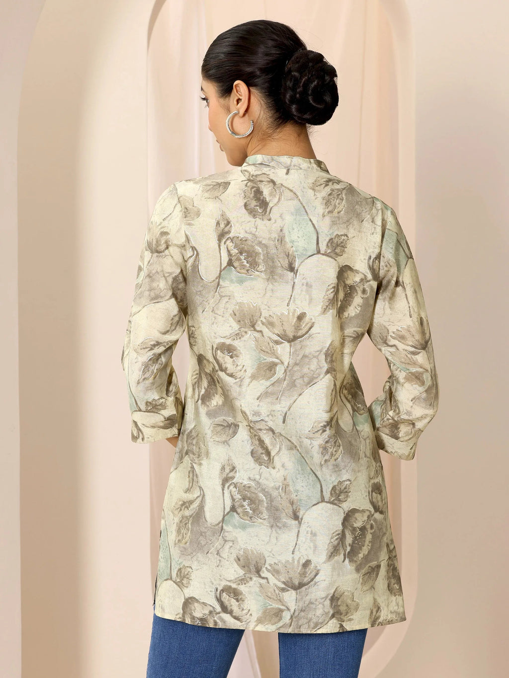 Libas Beige Printed Silk Blend Straight Short Kurti
