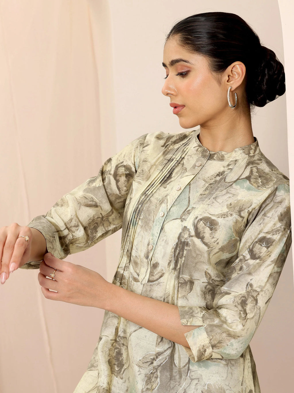 Libas Beige Printed Silk Blend Straight Short Kurti