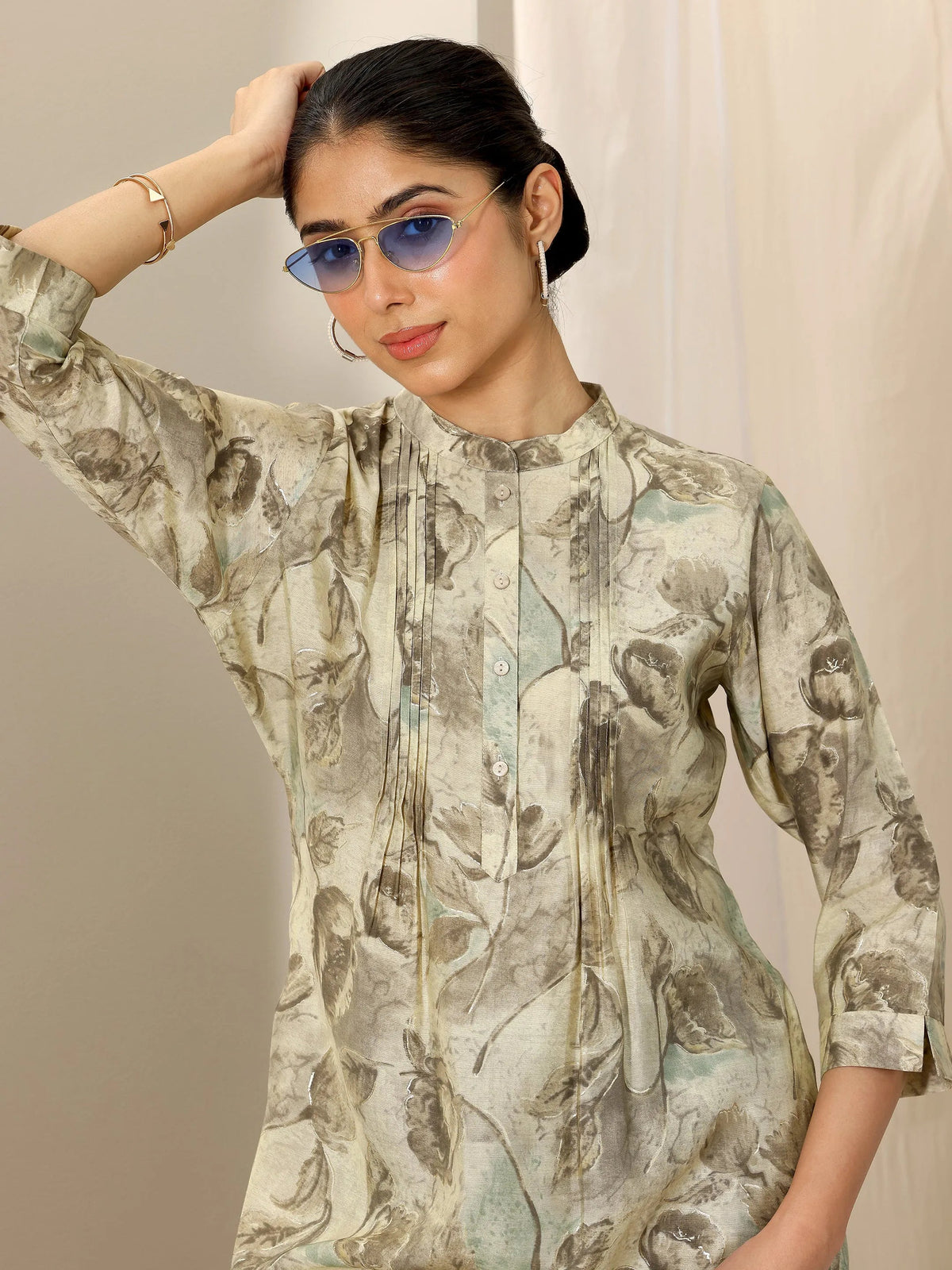 Libas Beige Printed Silk Blend Straight Short Kurti