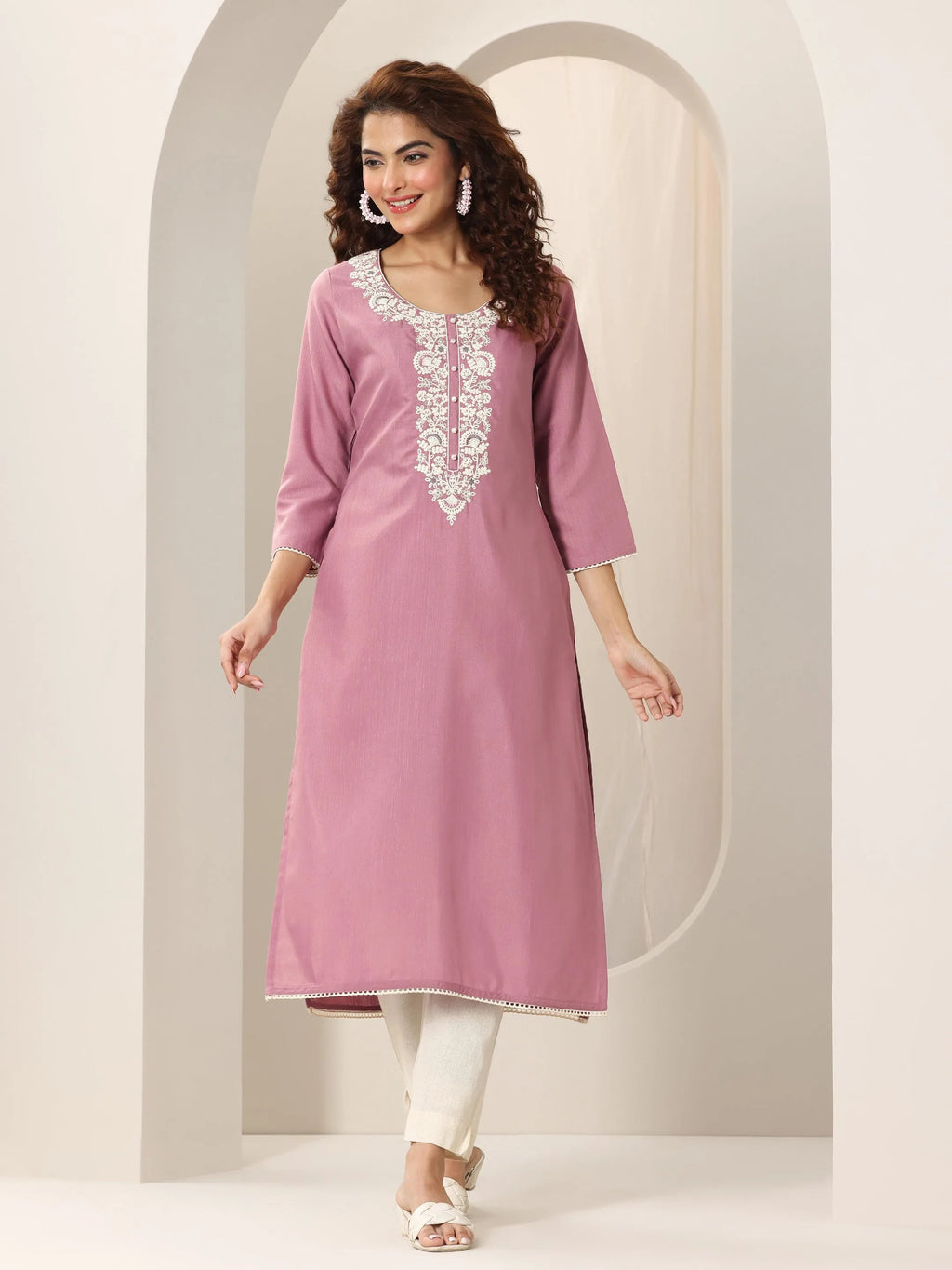 Libas Pink Yoke Design Rayon Straight Kurta