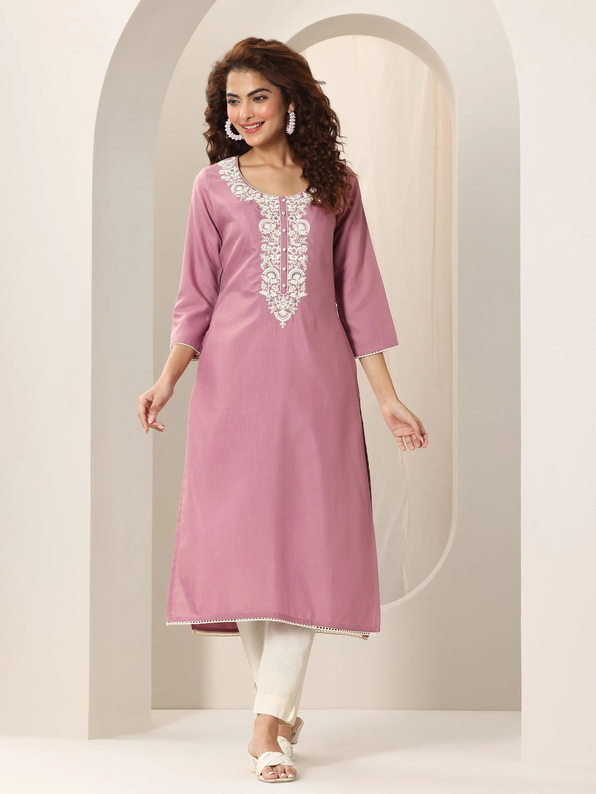 Libas Pink Yoke Design Rayon Straight Kurta