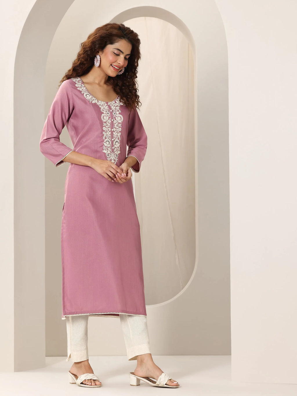 Libas Pink Yoke Design Rayon Straight Kurta