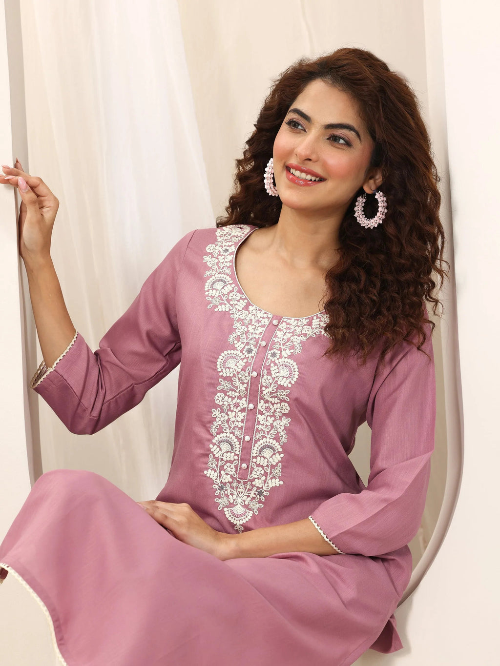 Libas Pink Yoke Design Rayon Straight Kurta