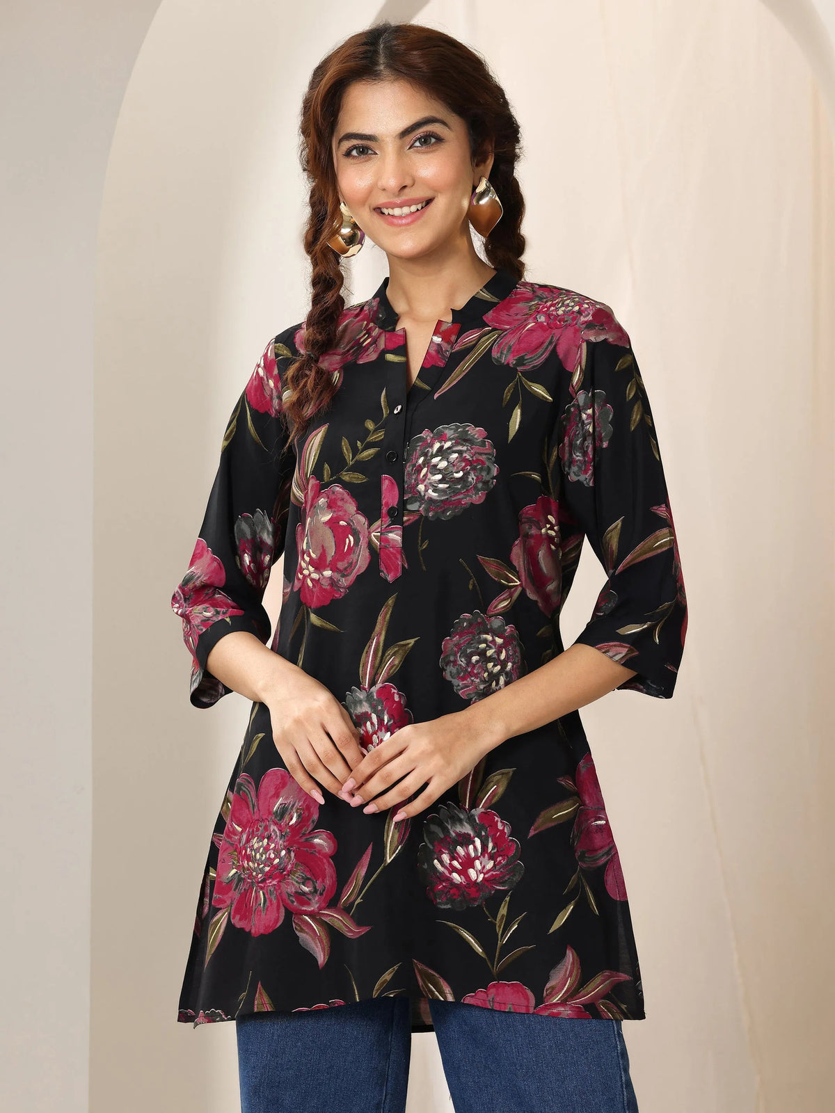 Libas Black Printed Silk Blend Straight Short Kurti