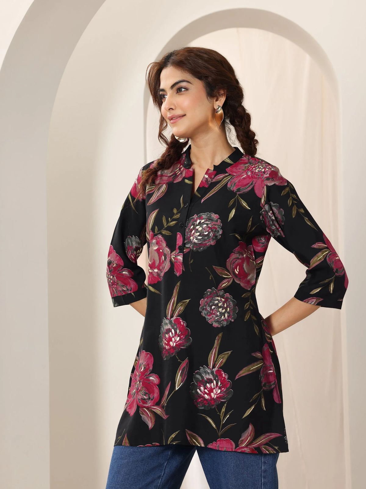 Libas Black Printed Silk Blend Straight Short Kurti