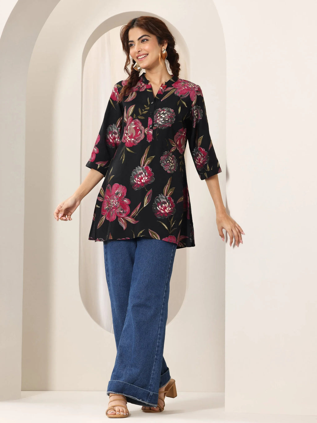 Libas Black Printed Silk Blend Straight Short Kurti