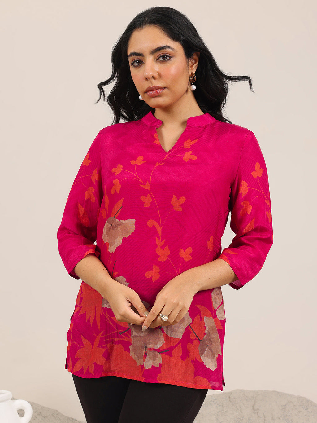 Libas Red Printed Silk Blend Straight Tunic