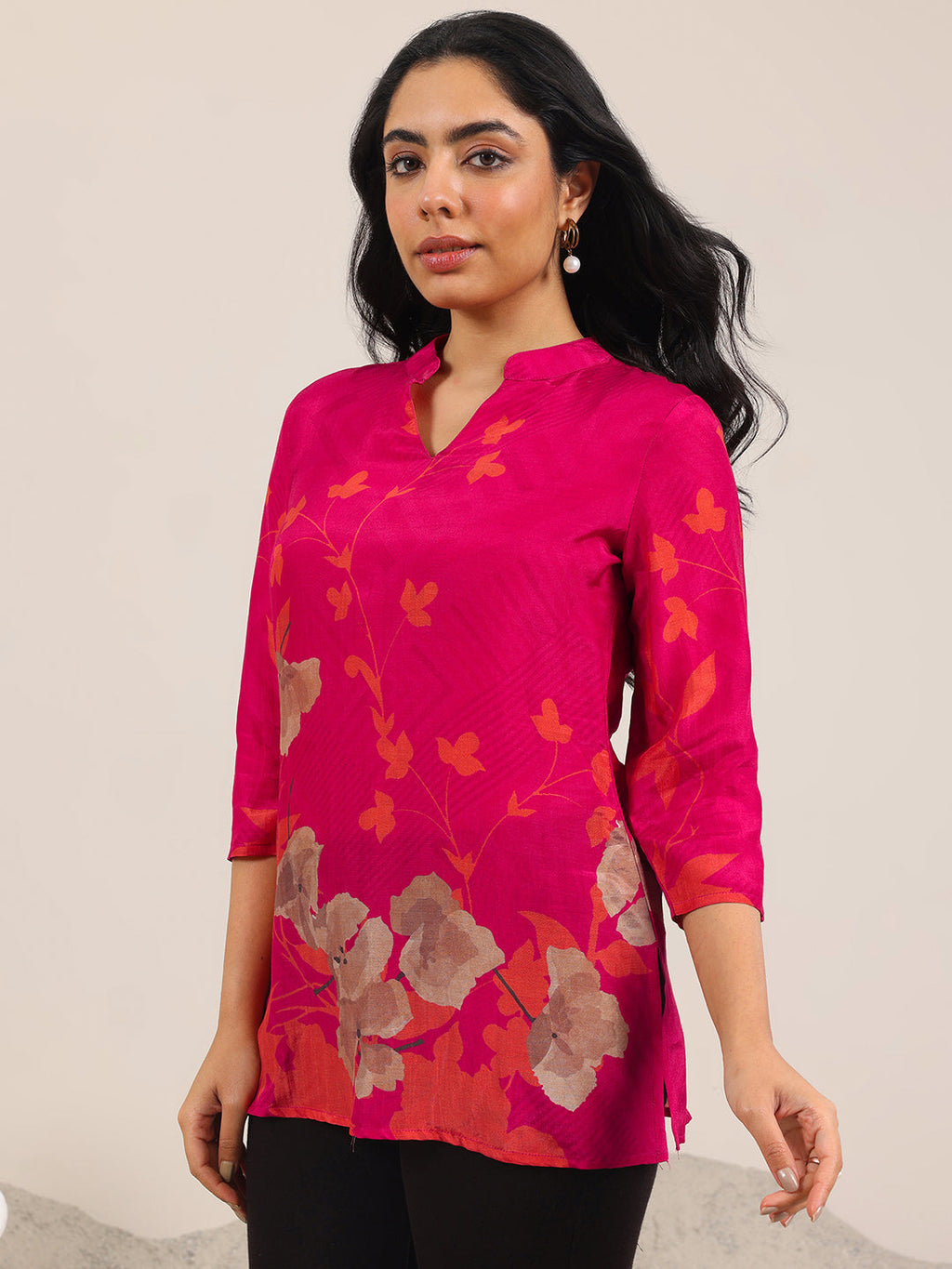 Libas Red Printed Silk Blend Straight Tunic
