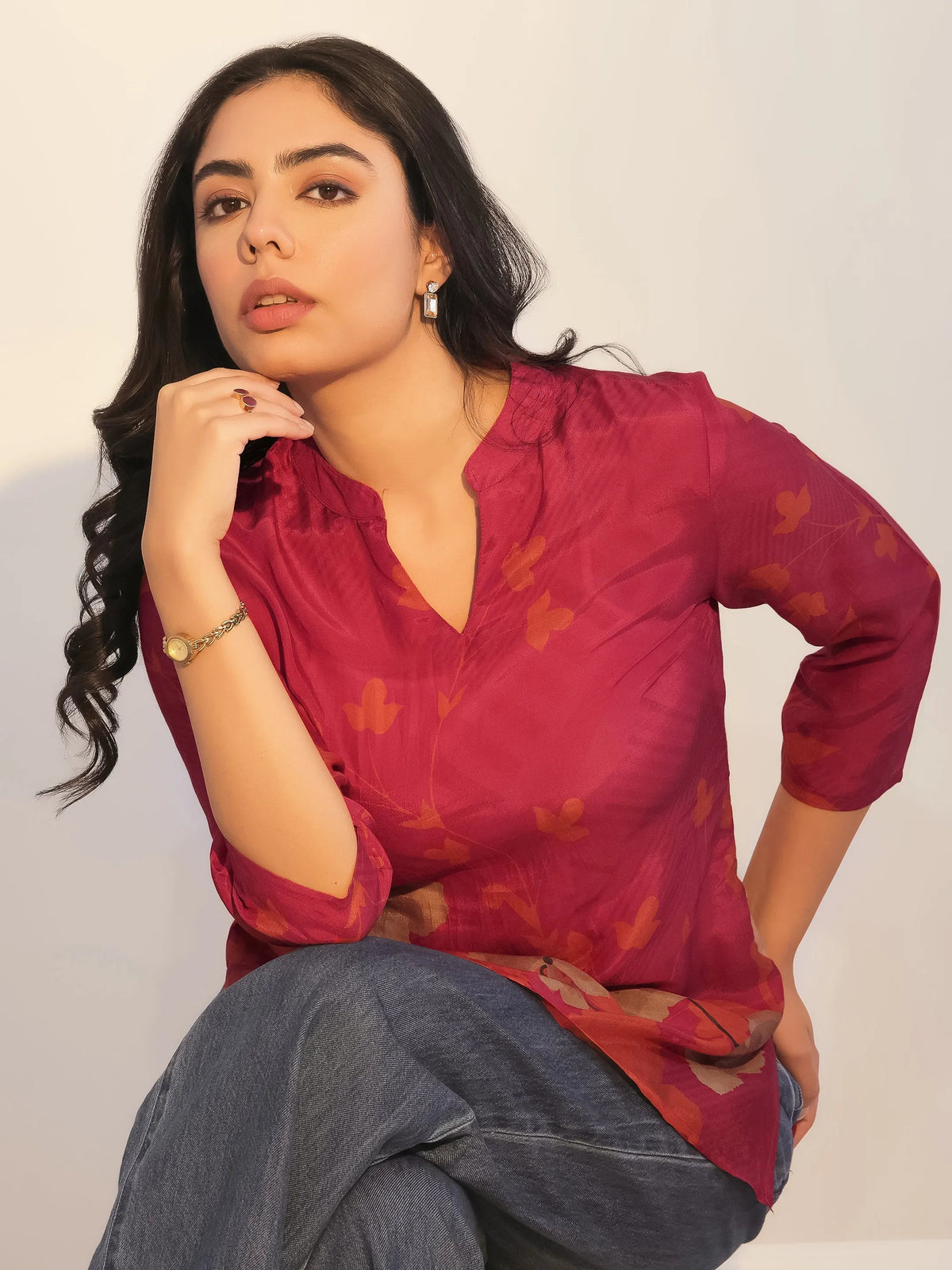 Libas Red Printed Silk Blend Tunic