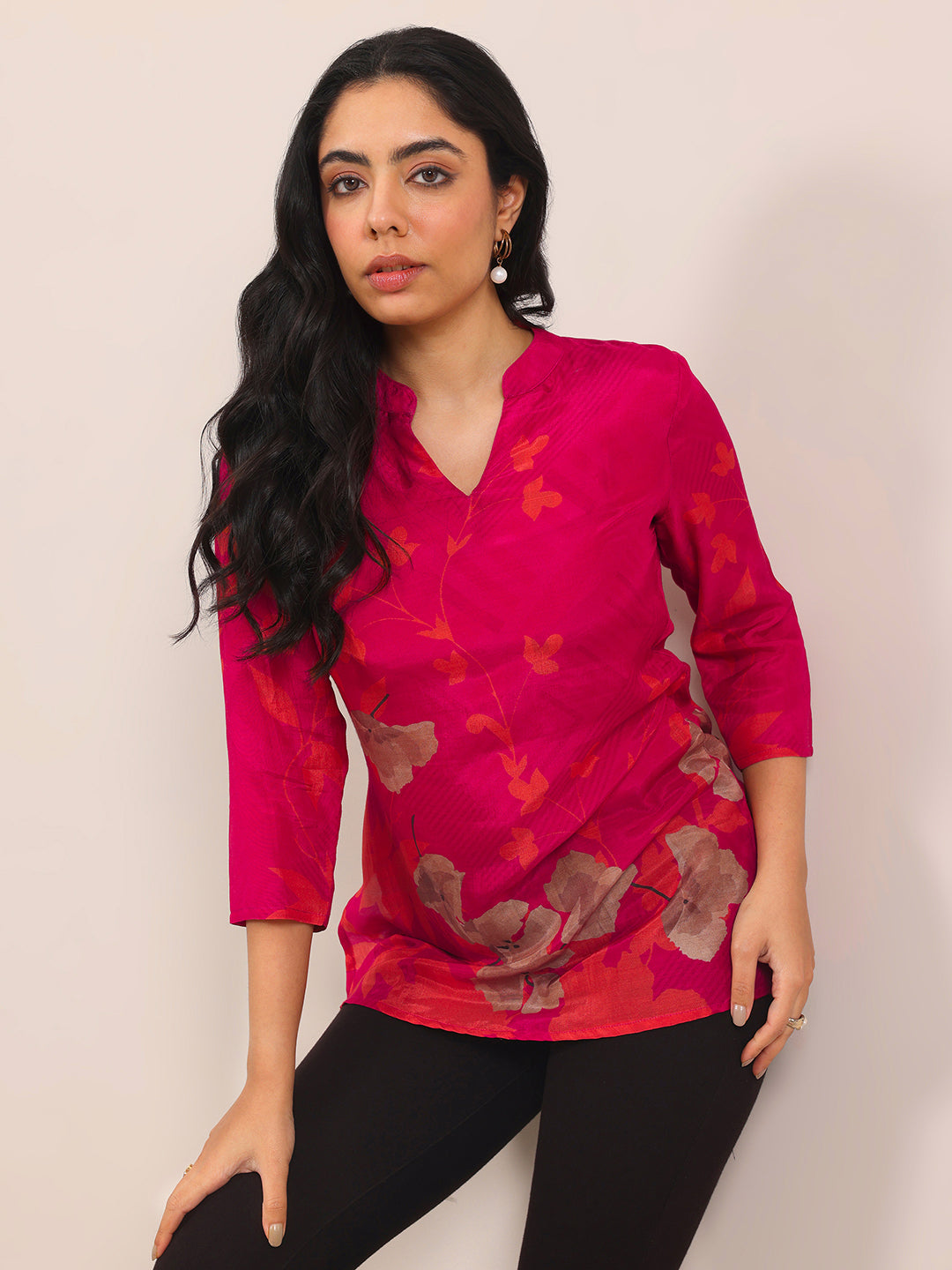 Libas Red Printed Silk Blend Straight Tunic
