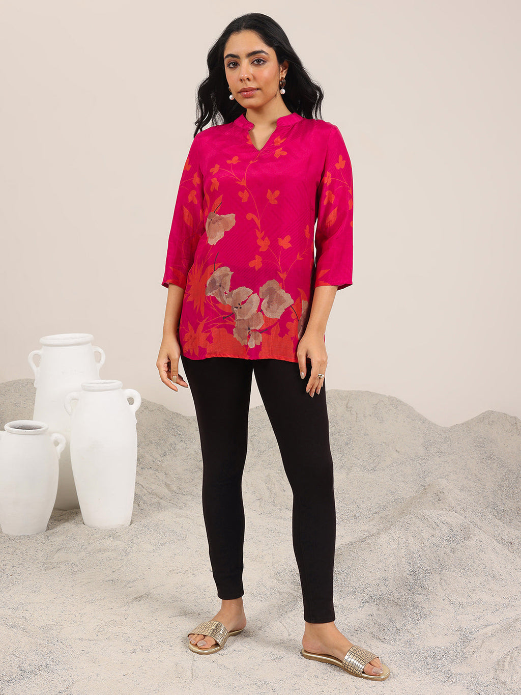 Libas Red Printed Silk Blend Straight Tunic
