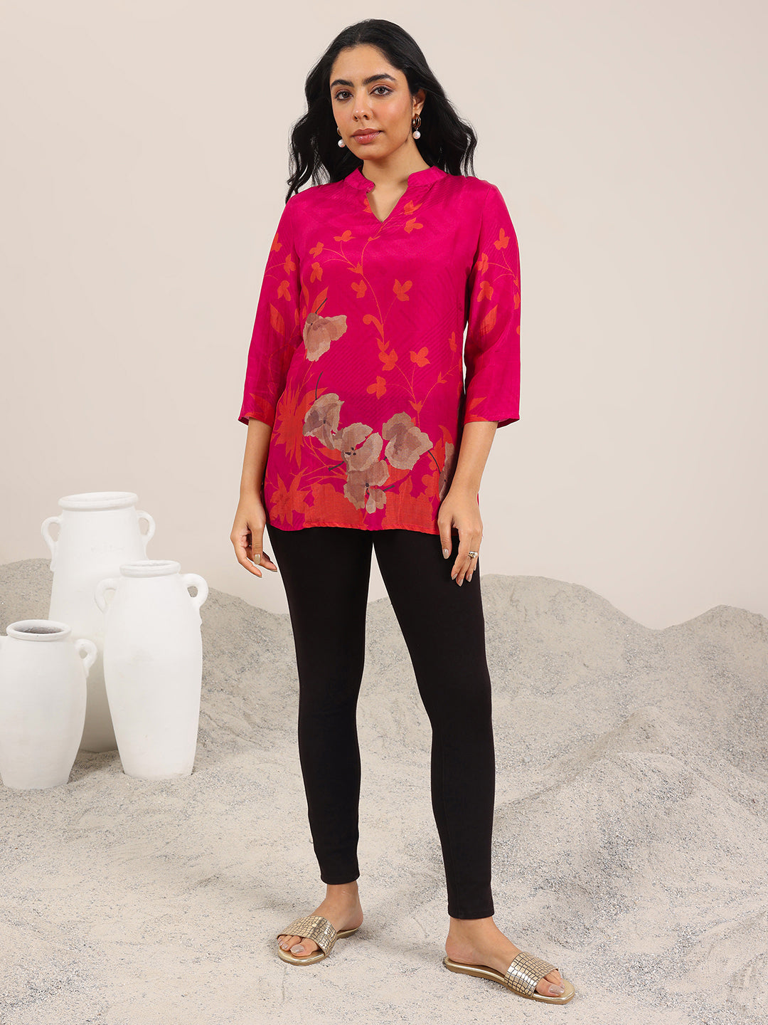 Libas Red Printed Silk Blend Straight Tunic