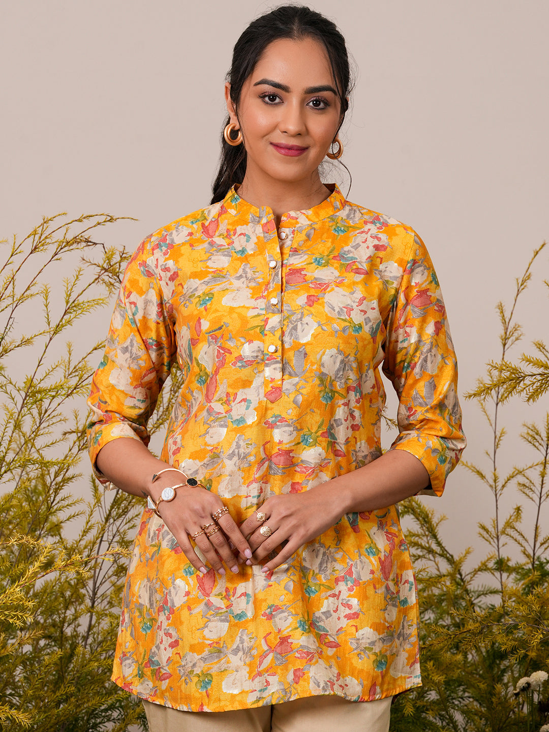 Libas Yellow Printed Silk Blend A-Line Kurti
