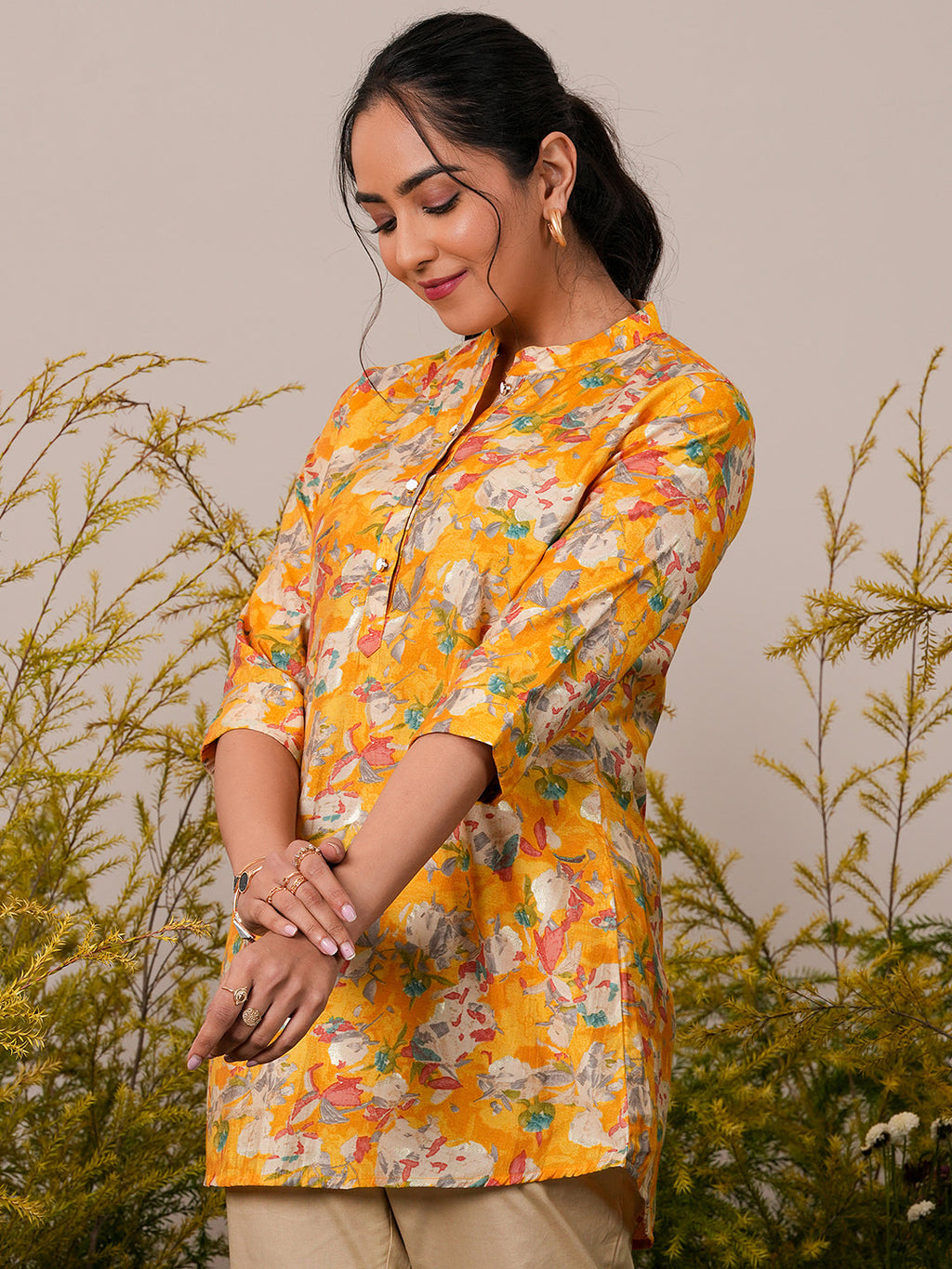 Libas Yellow Printed Silk Blend A-Line Kurti