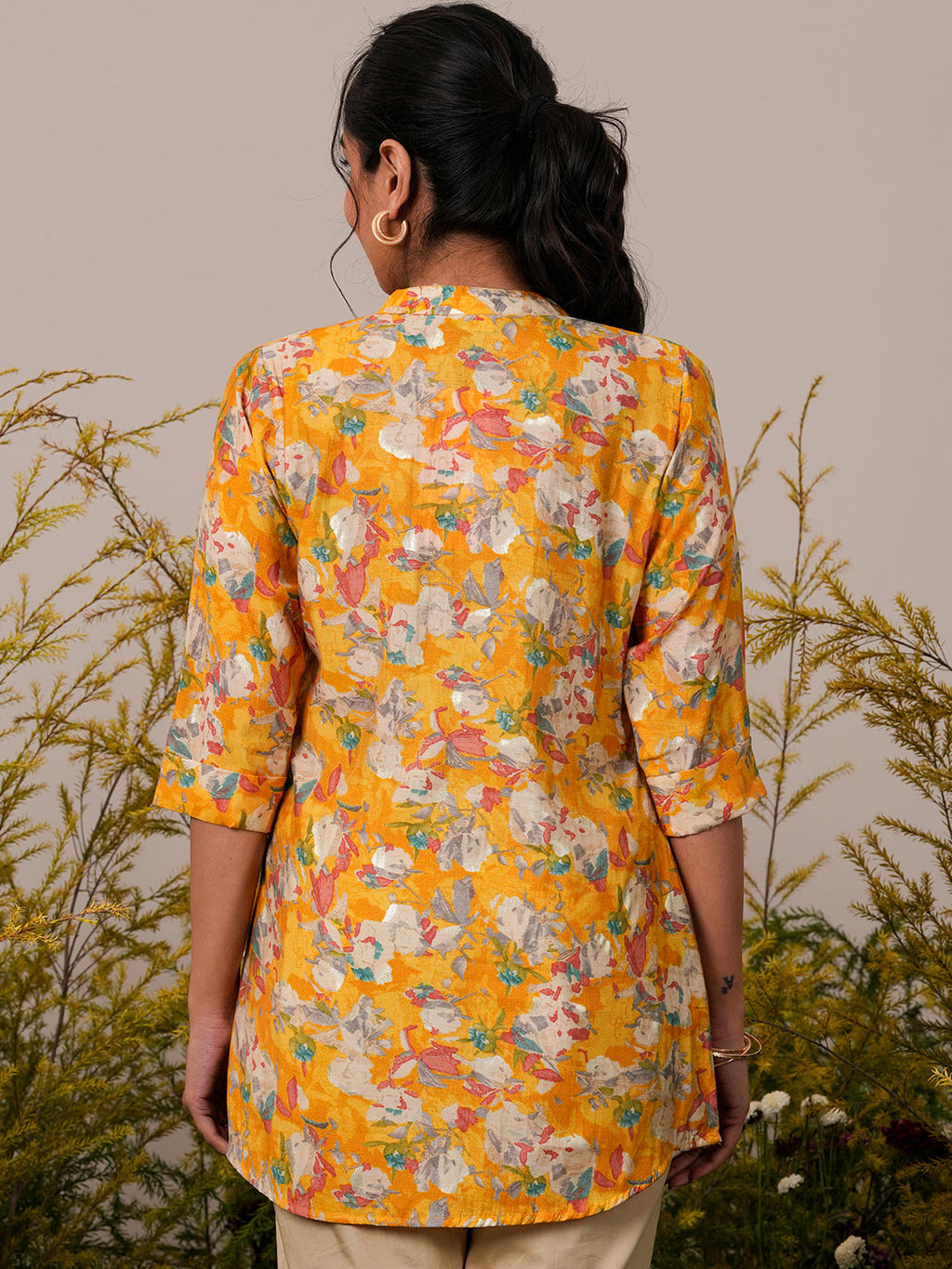 Libas Yellow Printed Silk Blend A-Line Kurti