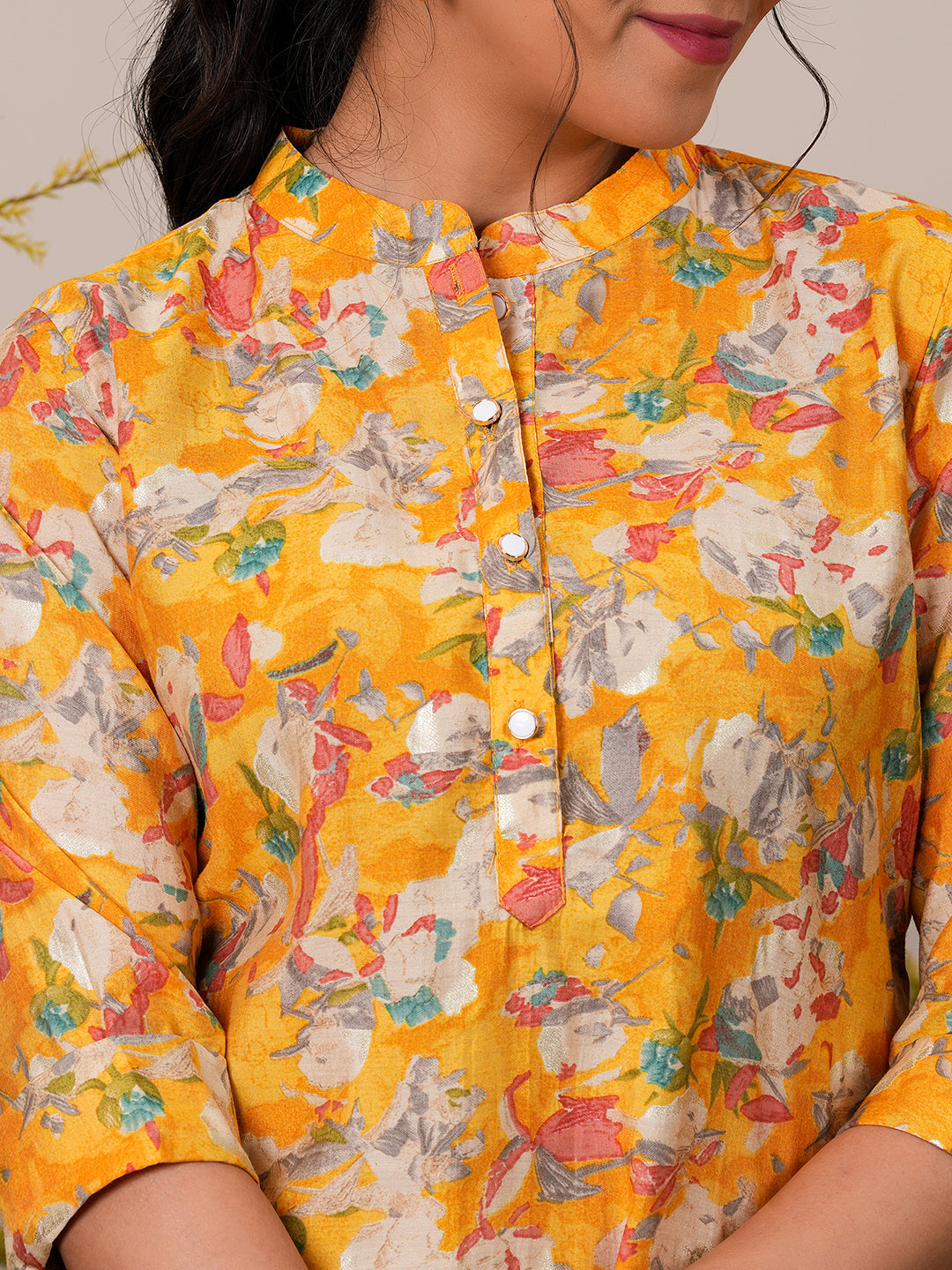 Libas Yellow Printed Silk Blend A-Line Kurti