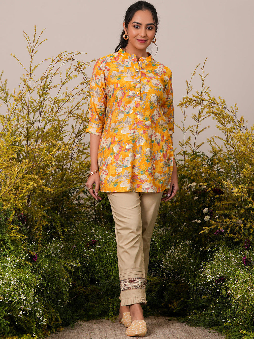 Libas Yellow Printed Silk Blend A-Line Kurti