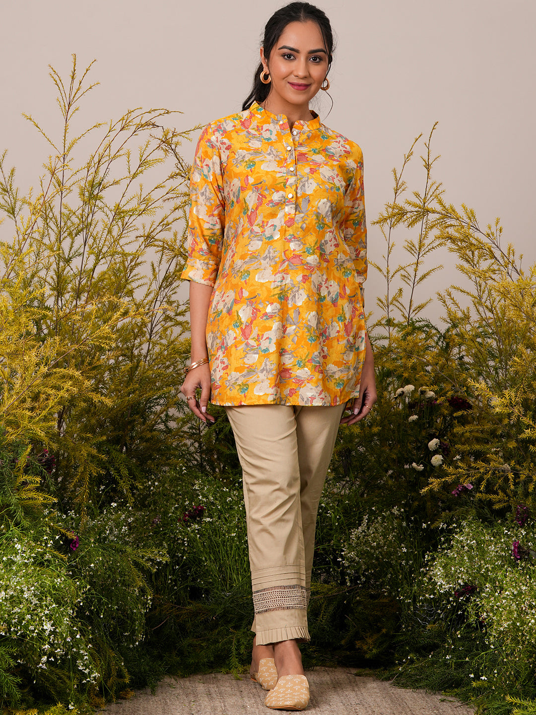 Libas Yellow Printed Silk Blend A-Line Kurti