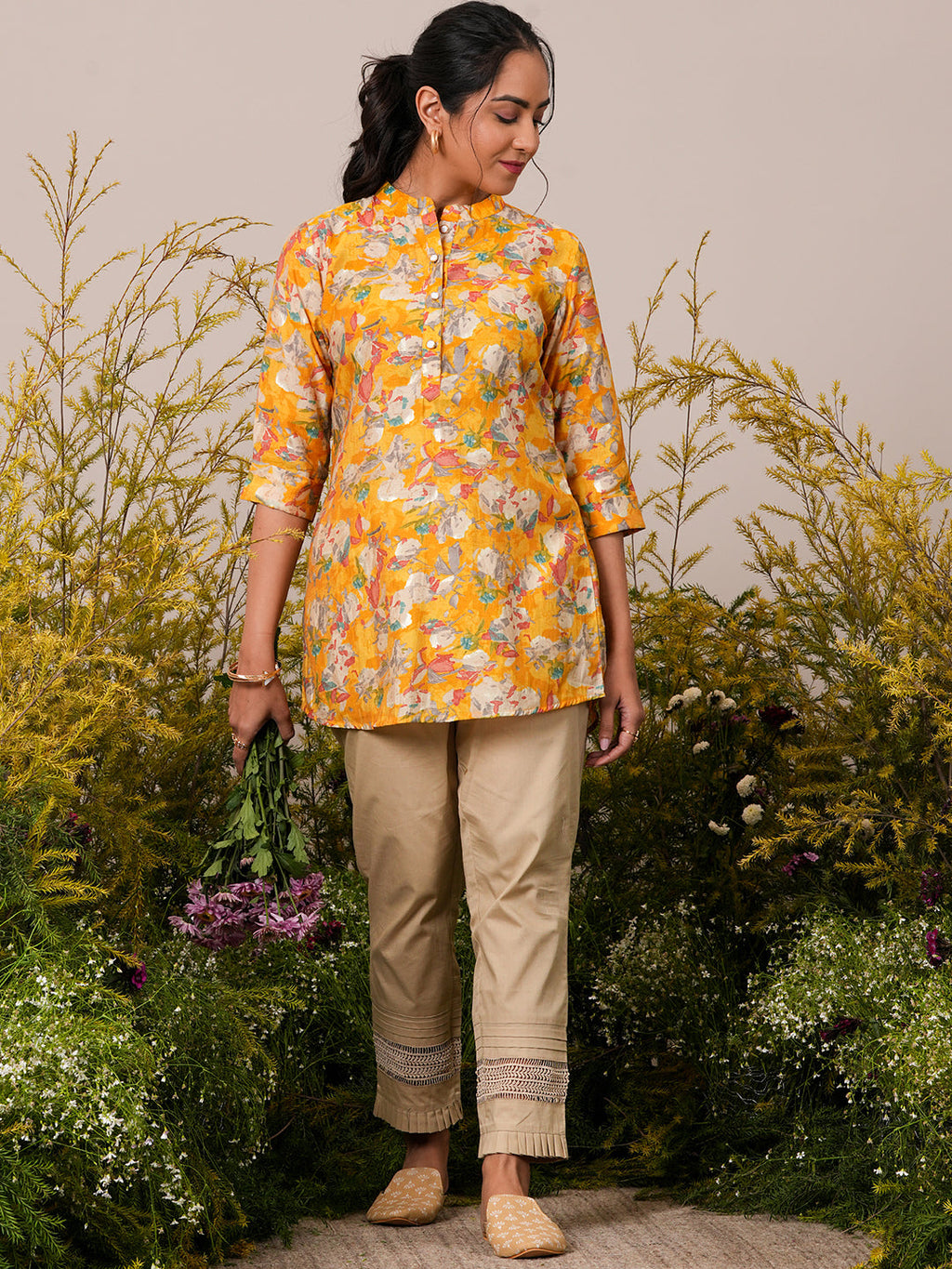 Libas Yellow Printed Silk Blend A-Line Kurti