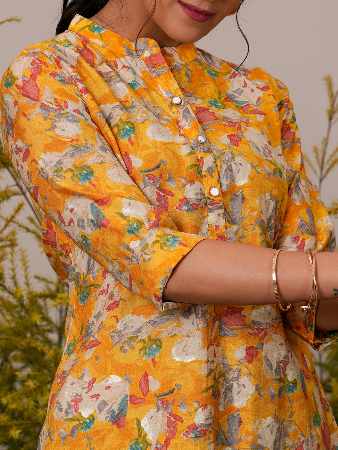 Libas Yellow Printed Silk Blend A-Line Kurti