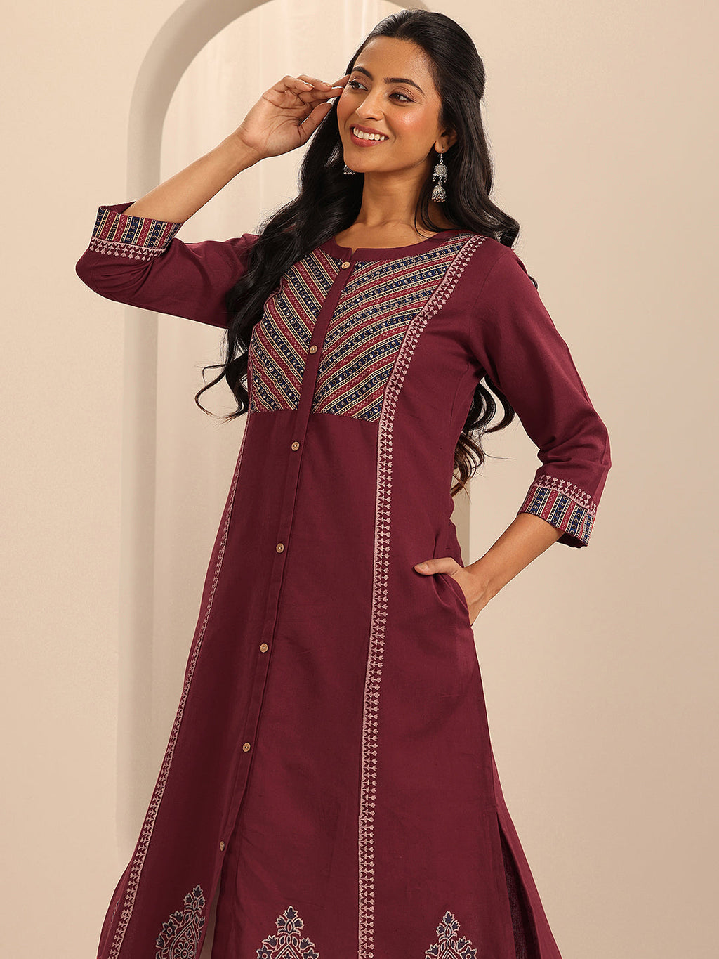 Libas Maroon Printed Cotton Blend A-Line Kurta