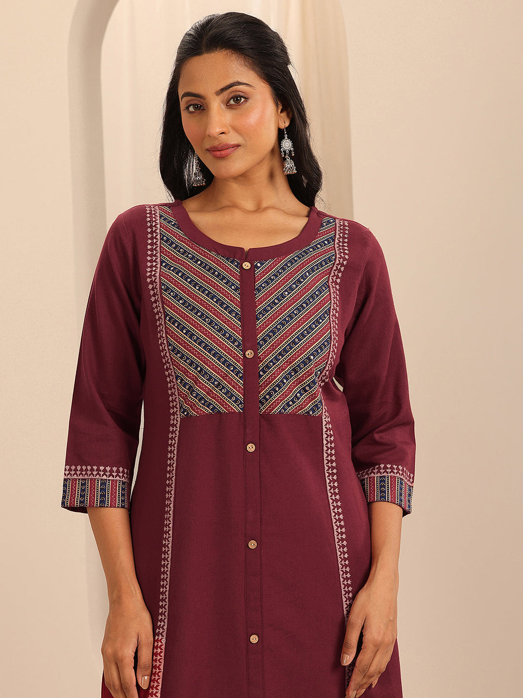 Libas Maroon Printed Cotton Blend A-Line Kurta