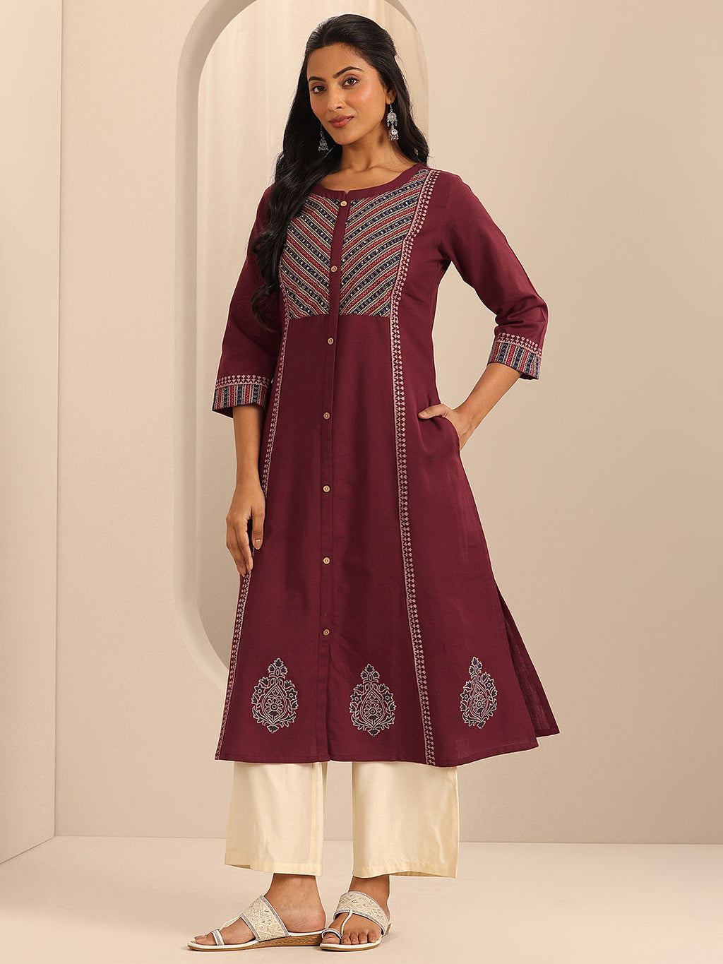 Libas Maroon Printed Cotton Blend A-Line Kurta