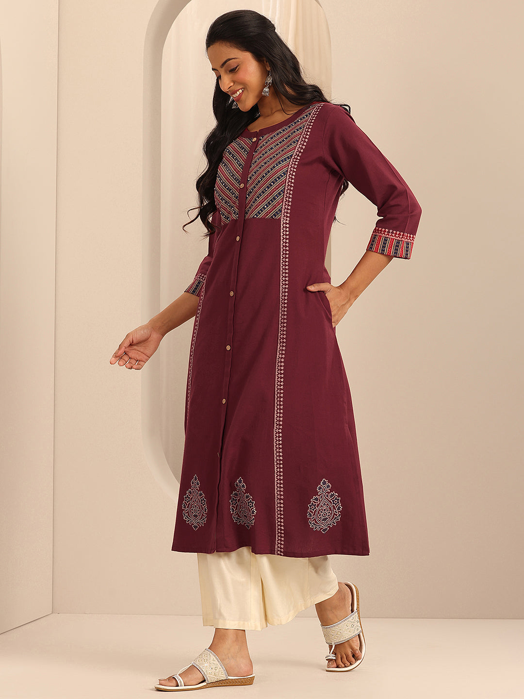 Libas Maroon Printed Cotton Blend A-Line Kurta