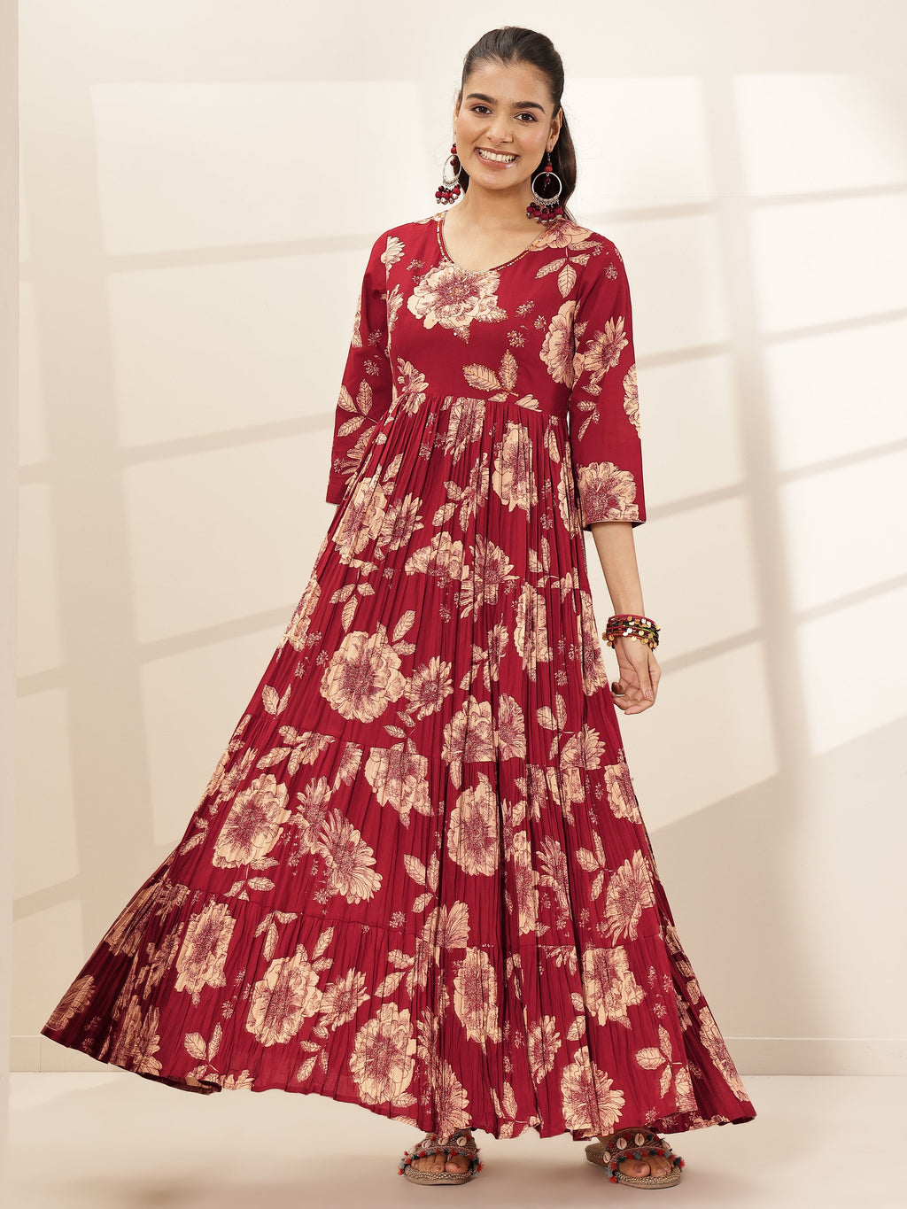 Libas Maroon Printed Cotton Blend Fit and Flared One Piece Dress