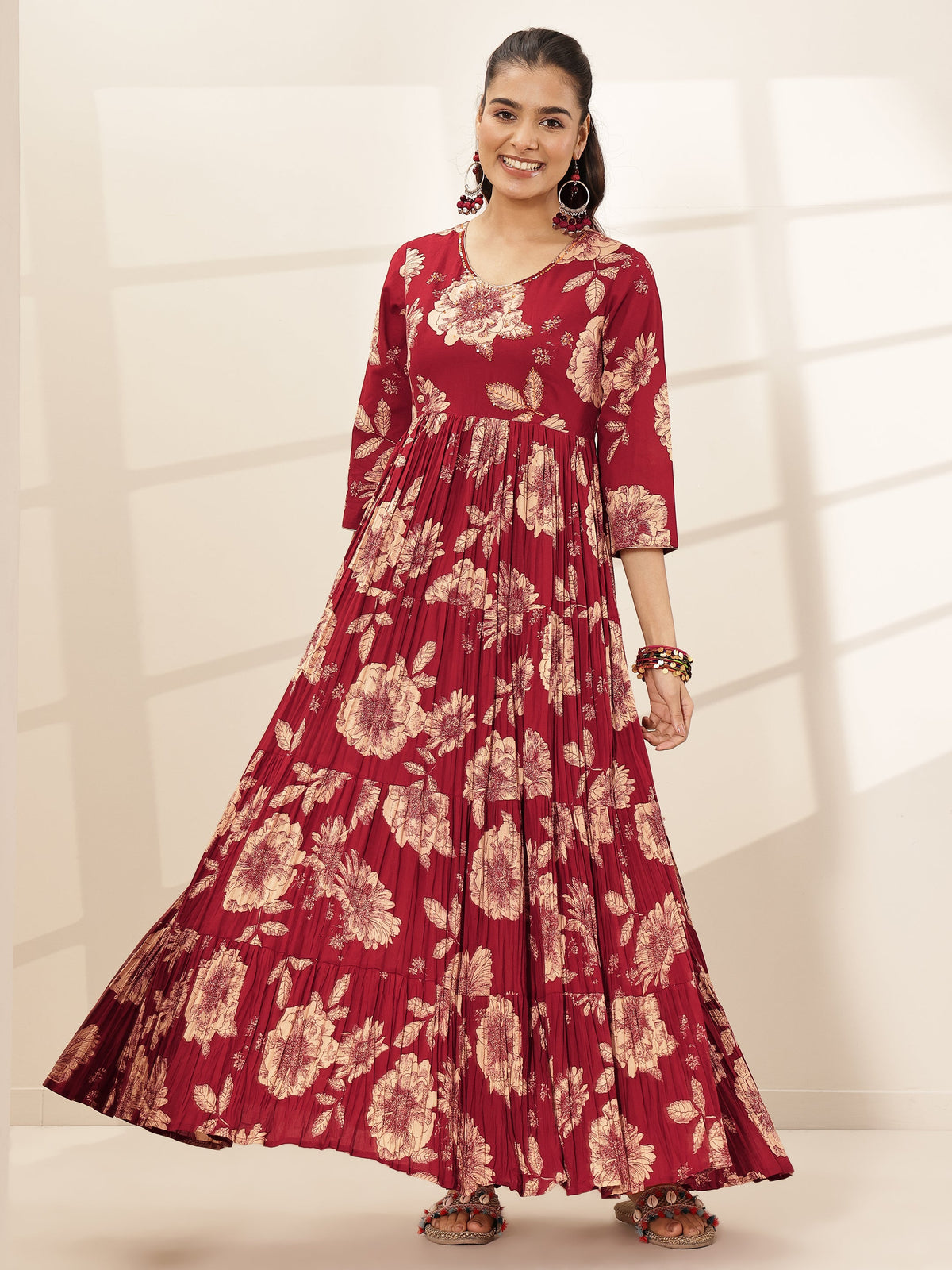 Libas Maroon Printed Cotton Blend Fit and Flared One Piece Dress