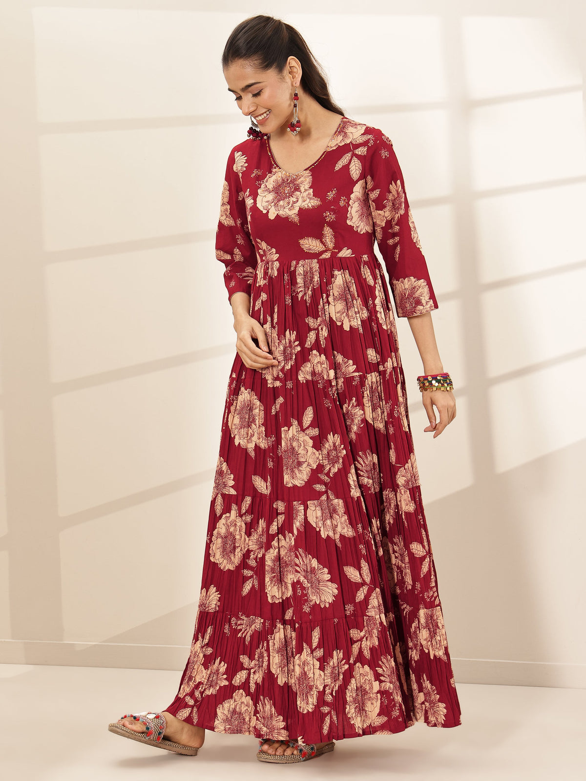 Libas Maroon Printed Cotton Blend Fit and Flared One Piece Dress