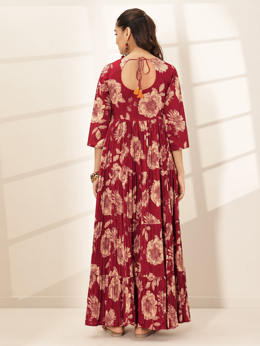 Libas Maroon Printed Cotton Blend Fit and Flared One Piece Dress