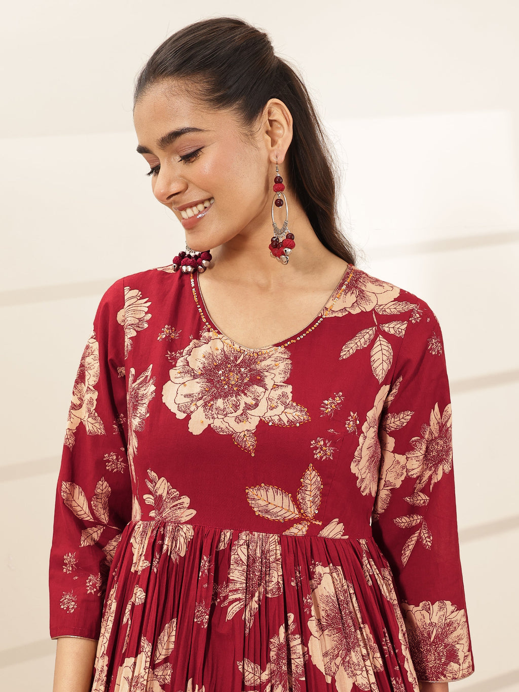 Libas Maroon Printed Cotton Blend Fit and Flared One Piece Dress