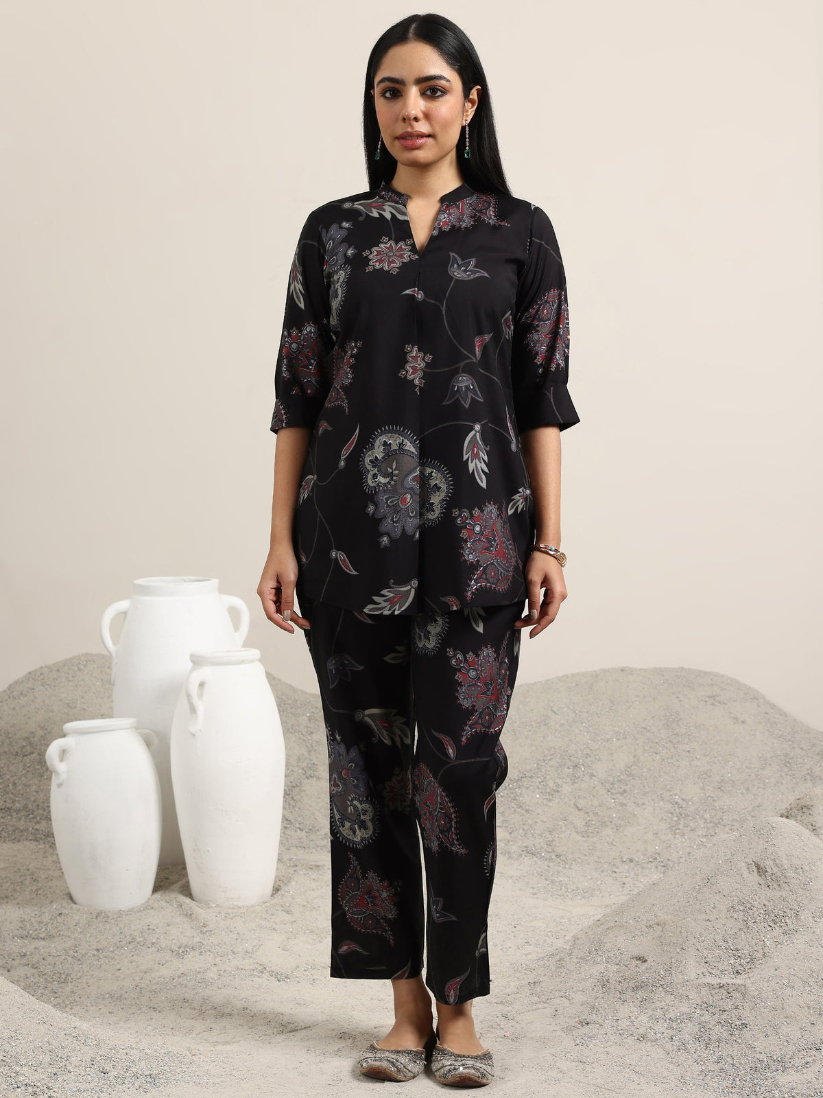 Libas Black Printed Silk Blend Co-Ords
